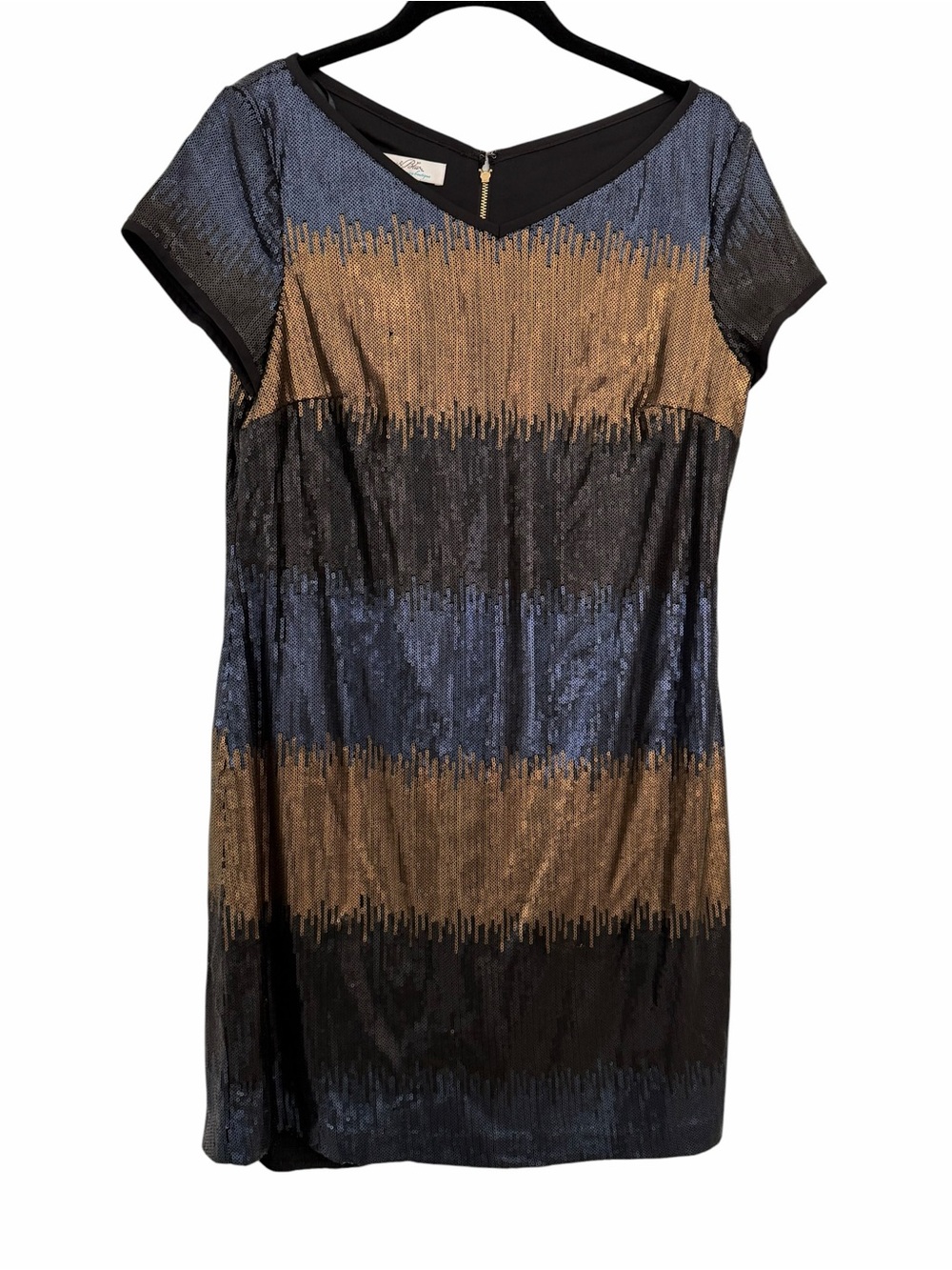 Ivy & Blu Sequin Stripe V-Neck Shift Dress in Black, Gold & Blue Size 10 - Picture 8 of 10